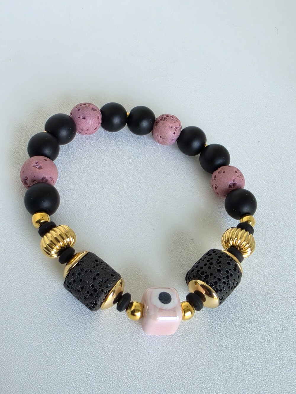 Pink Evil Eye Stretch Bracelet Black Lava Stone Matte Beads Gold Tone Boho